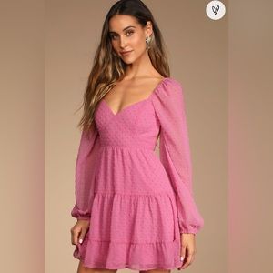 Longing And Love Pink Swiss Dot Puff Long Sleeve Mini Dress from Lulus